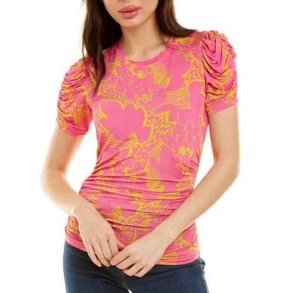 TANYA TAYLOR Chaia Floral Ruched Stretchy Top Pink Yellow Ikat Flower Size 0X - Picture 1 of 9